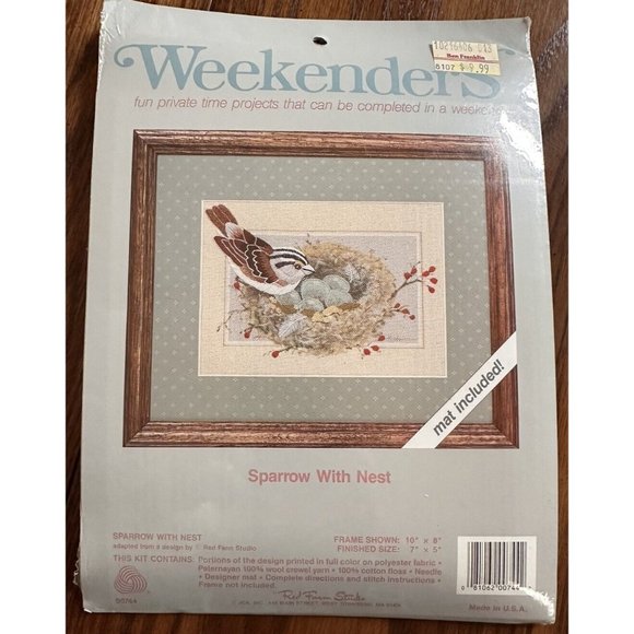 Vintage Weekenders Counted Cross Stitch Kit 5x7 Sparrow‎ With Nest w/ Mat - Picture 1 of 3